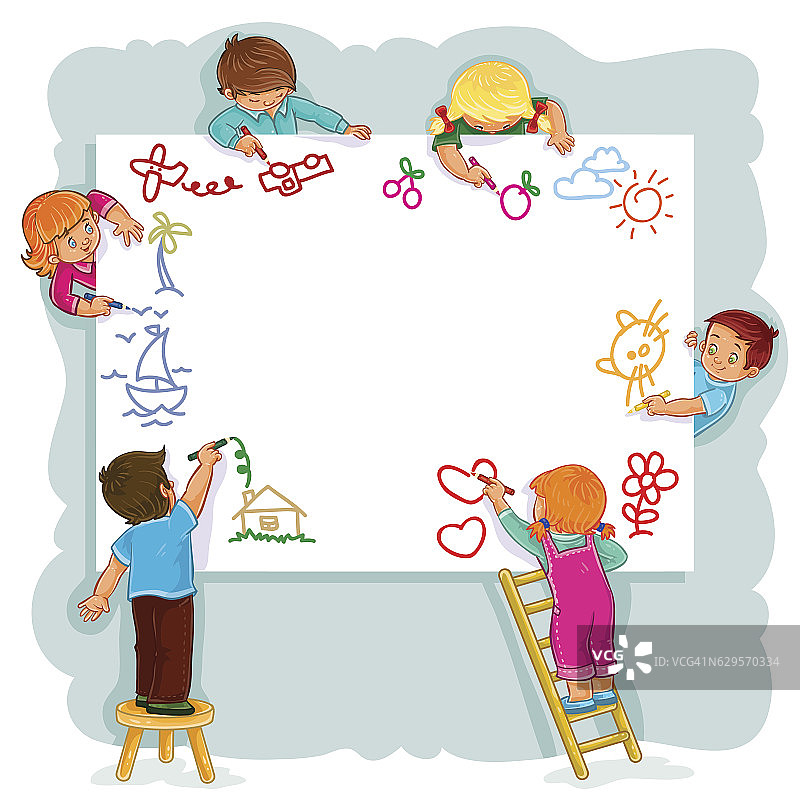 快乐的孩子们一起在一张大纸上画画图片素材