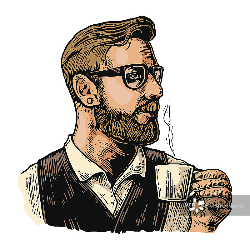 留着胡子的嬉皮士咖啡师，端着一杯咖啡。图片素材
