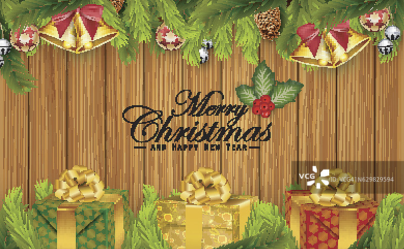 圣诞木背景与冷杉树枝和礼品盒图片素材