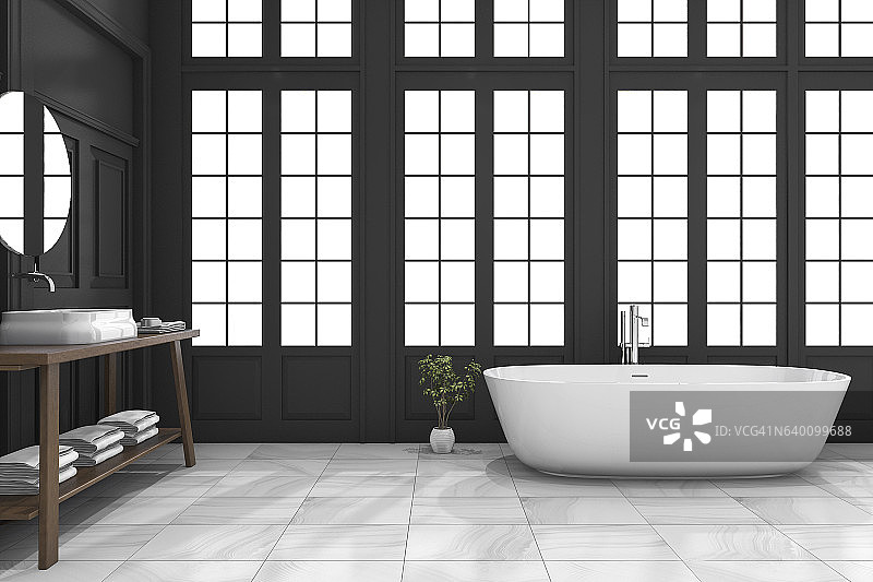 3d渲染黑色经典浴室与豪华风格靠近窗户图片素材