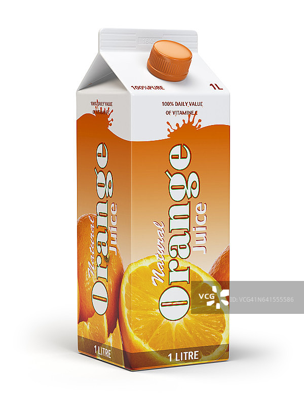 橙汁纸盒纸箱包装隔离在白色背景。图片素材