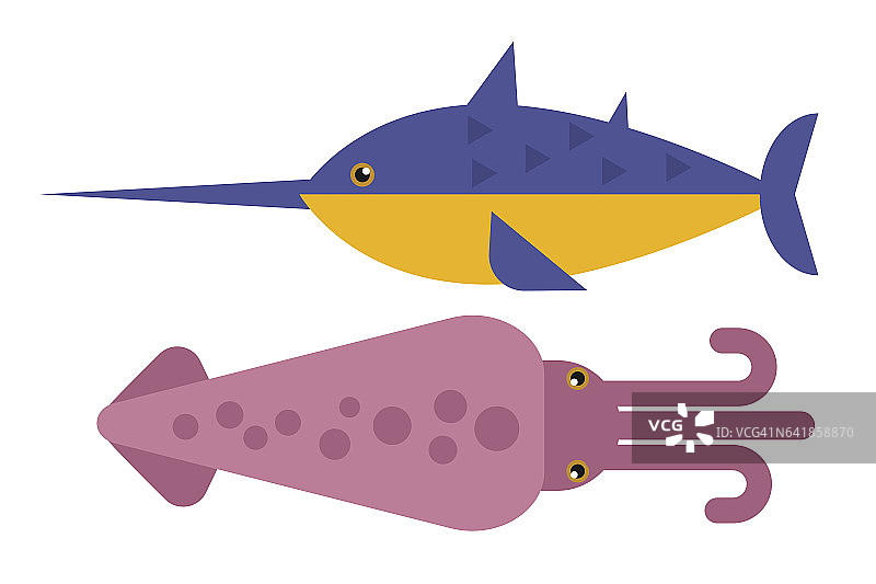鱿鱼颜色海洋动物设计平面矢量插图图片素材