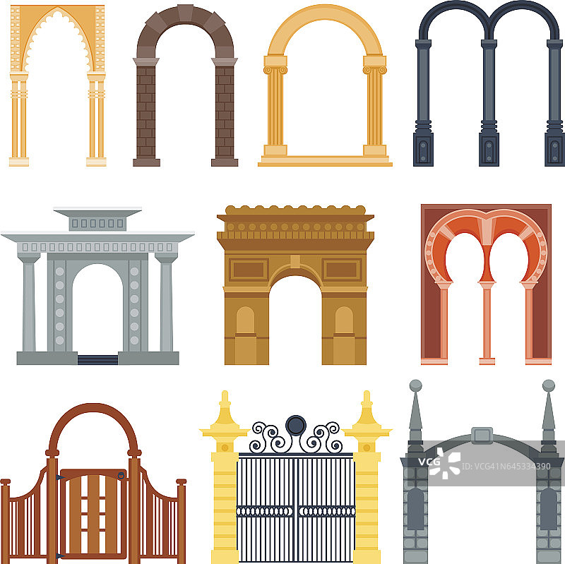 拱券设计是建筑构造框架的经典之作，柱式结构大门门面和门楼古建筑构造的矢量插图图片素材