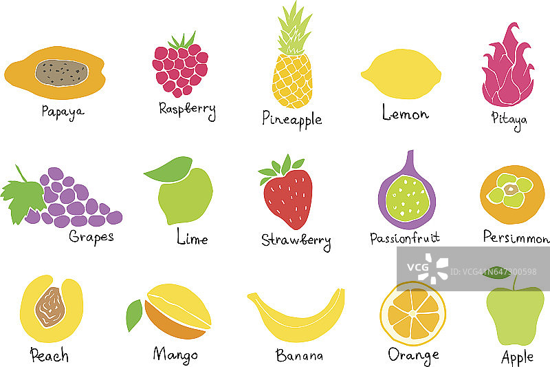 矢量集的彩色手绘水果和浆果图标。涂鸦一套不同的切割水果和浆果。健康食品。奇异的水果。收集水果和浆果图片素材