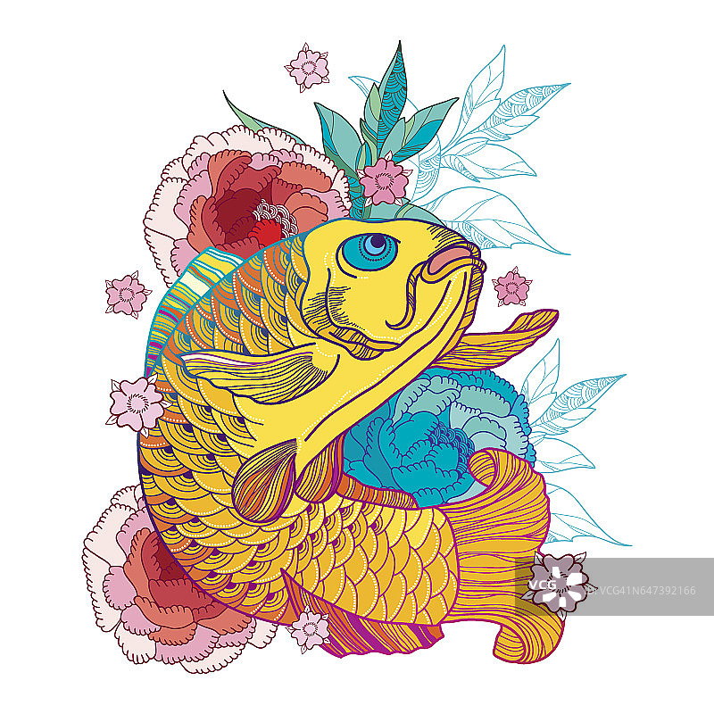 日本华丽的金色鲤鱼和粉红色的菊花孤立在白色上。图片素材