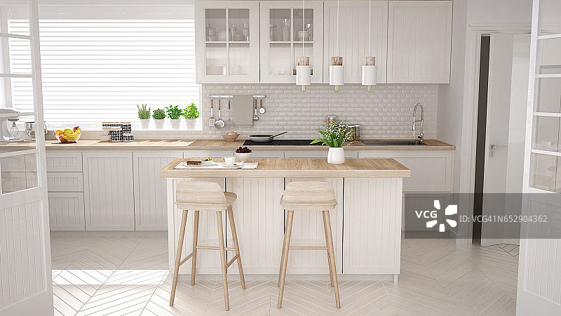 斯堪的纳维亚经典厨房，木制和白色的细节，简约的室内设计图片素材