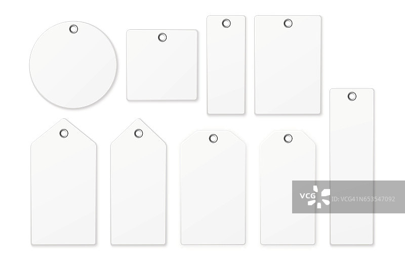 真实的矢量白色空白标签图标设置孤立的白色背景。设计模板EPS10图片素材