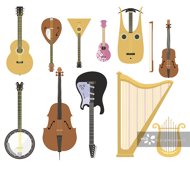 套弦乐器古典管弦乐队的艺术音响工具和声学交响木弦琴设备矢量插图图片素材