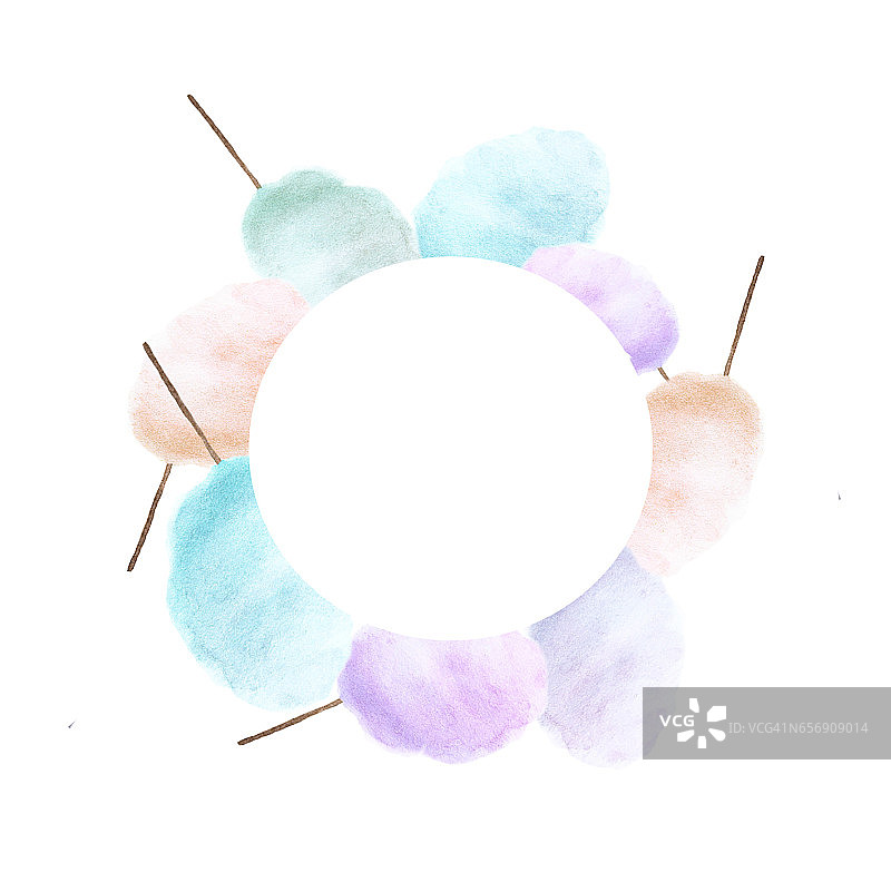 手绘甜圆框与彩色棉花糖-水彩画图片素材