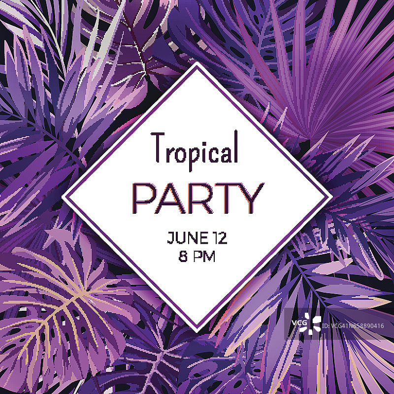 紫色霓虹矢量花传单模板夏季晚会。热带背景与外来的棕榈叶和植物图片素材