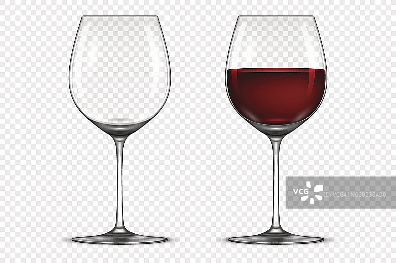 矢量现实的酒杯图标设置-空和红酒，孤立在透明的背景。EPS10中的设计模板图片素材