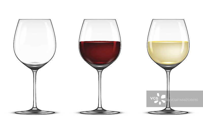 矢量现实的酒杯图标设置-空，与白和红葡萄酒，孤立在白色背景。EPS10中的设计模板图片素材