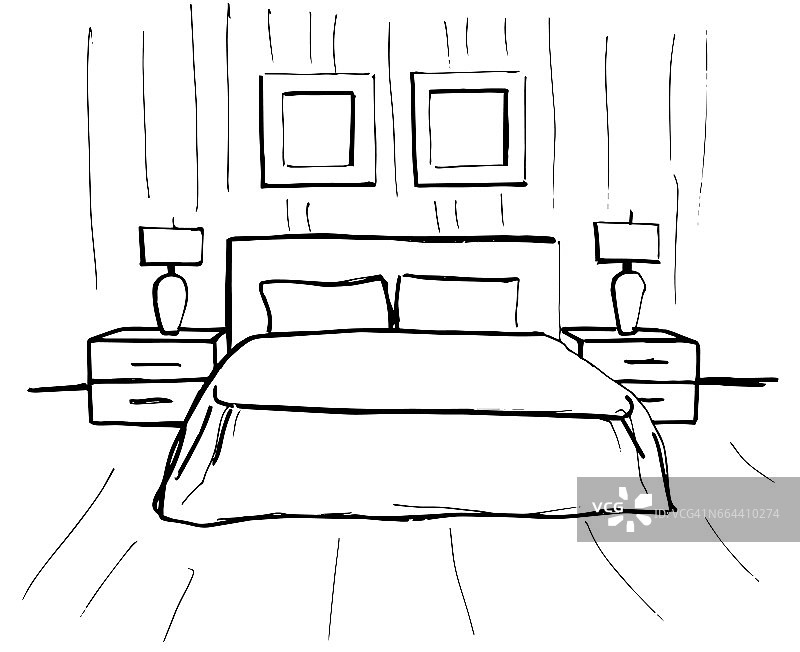 手绘草图。室内的线性草图。草图线间卧室。矢量插图。房间的计划。图片素材