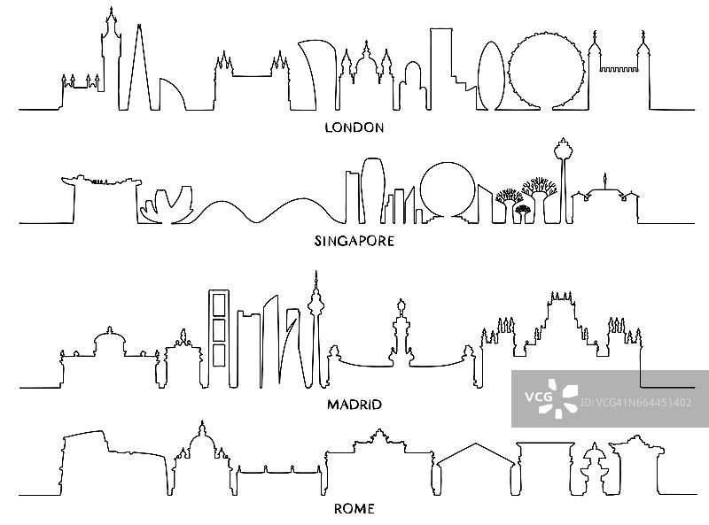 城市景观，矢量插图设计(伦敦，新加坡，马德里，罗马)图片素材