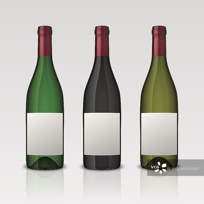 3个真实的矢量酒瓶与空白标签隔离在白色背景。EPS10中的设计模板图片素材