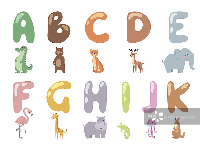 可爱的动物园字母表与卡通动物孤立在白色的背景和有趣的字母野生动物学习排版可爱的语言向量插图图片素材