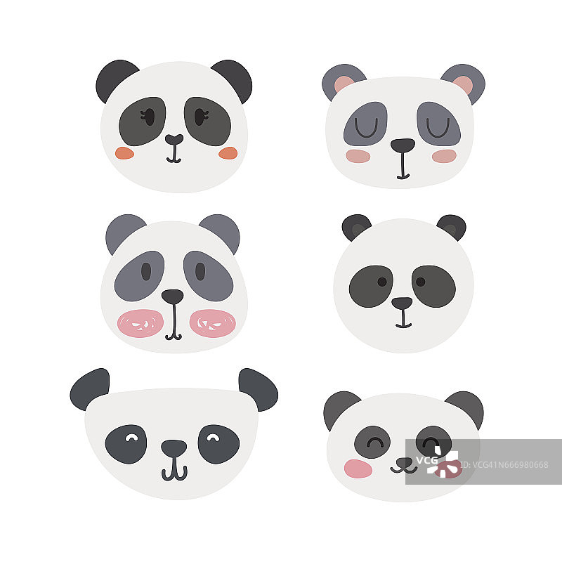 一组可爱的熊猫。动物有趣的涂鸦。卡通风格的小熊猫图片素材