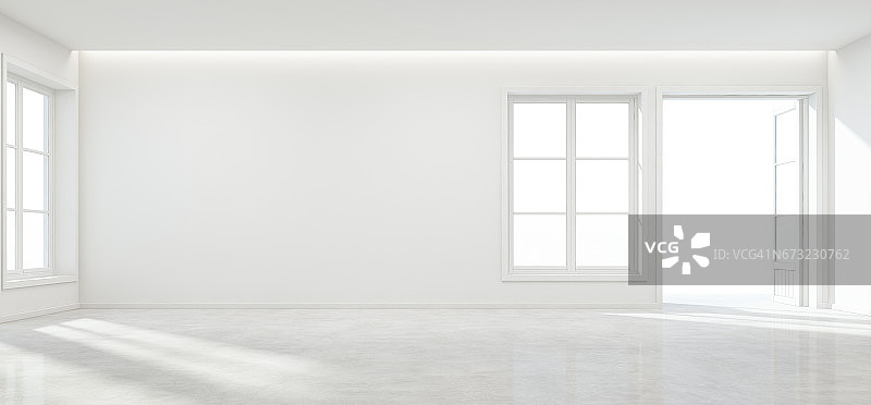 房间与混凝土地板和空墙背景在现代住宅，豪华的白色室内新房图片素材