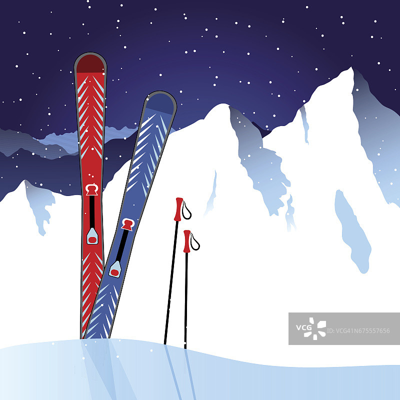 滑雪板和滑雪杖在雪山背景上。矢量插图。图片素材