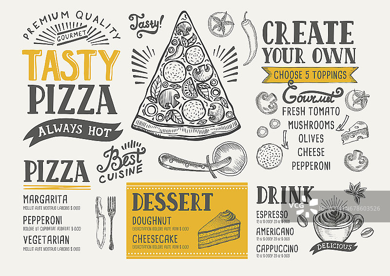 披萨餐厅菜单，食物模板。图片素材