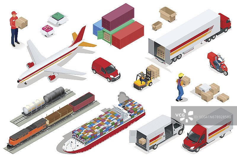 等距物流图标设置不同的运输配送车辆，交付元素。空运、铁路运输、海运、专为运载大量货物而设计的车辆图片素材