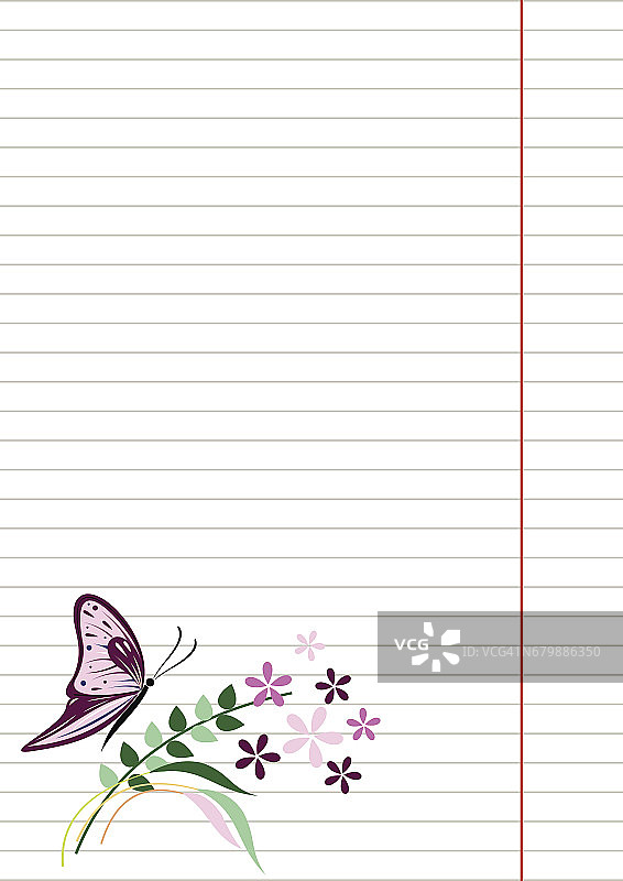 矢量空白的信件或贺卡。笔记本纸，白色的线条，蝴蝶和花与叶。A4格式大小。图片素材