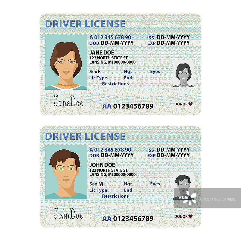 矢量男女驾驶执照塑料卡模板图片素材