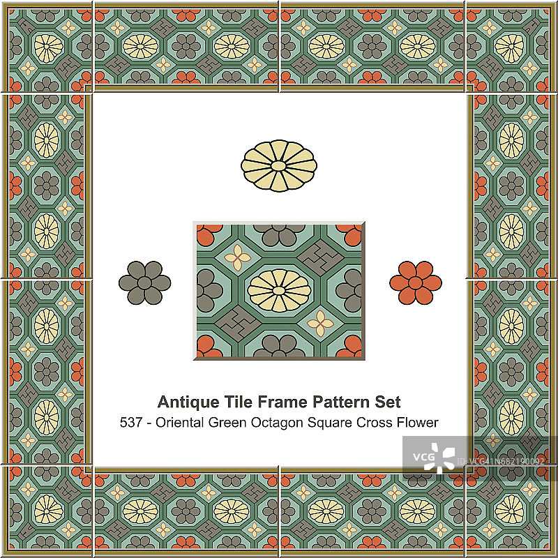 仿古瓷砖框架图案设置东方绿八角形方形十字花图片素材