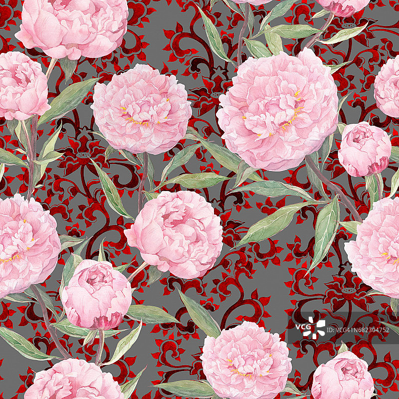 粉色牡丹花朵。无缝花卉图案，华丽的东方装饰。水彩图片素材