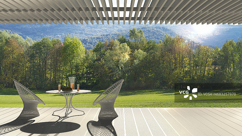 极简的现代露台配有休闲区、扶手椅和餐桌，全景花园草地图片素材