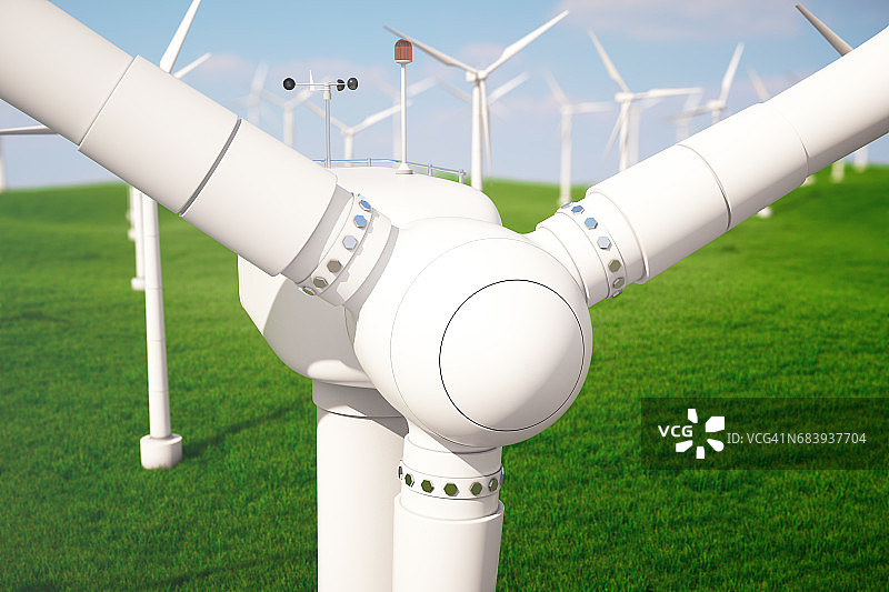 3d插图，风力涡轮机与蓝天。能源和电力。替代能源，生态或绿色发电机。电力、生态、技术、电力。图片素材