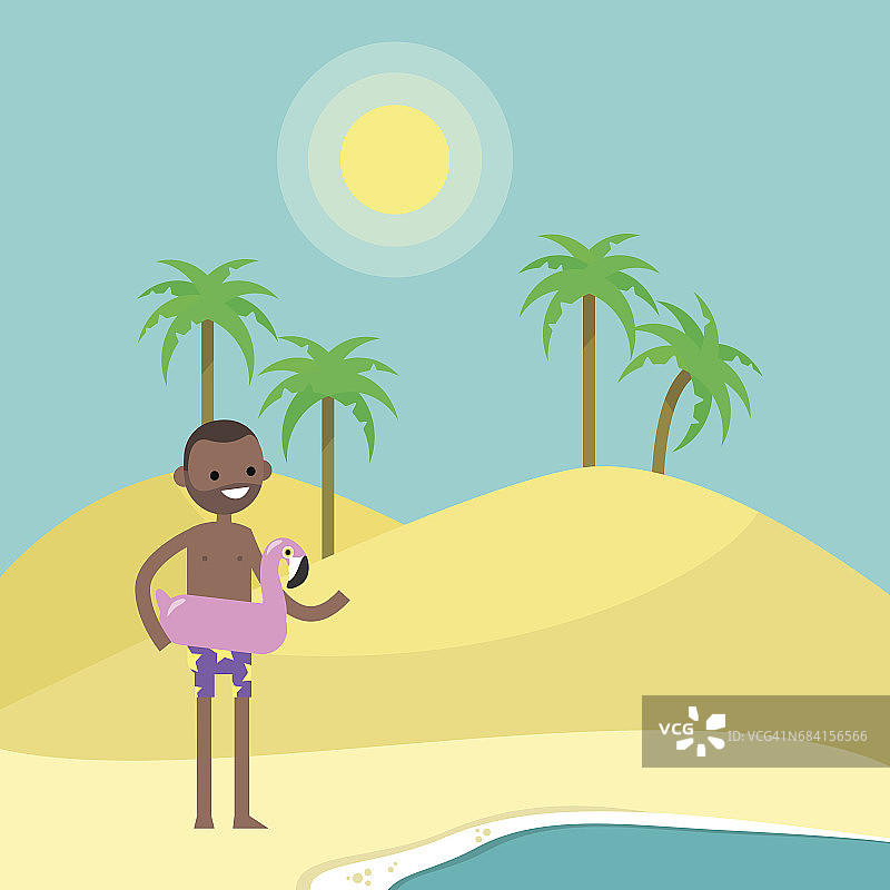 旅行的概念。年轻的黑人人物站在海边的沙滩上。平面可编辑矢量插图，剪辑艺术图片素材