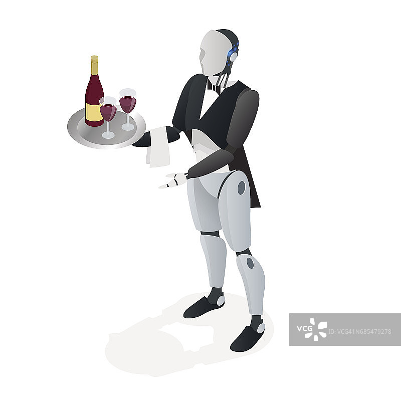 穿着燕尾服、戴着手套的机器人服务员端着酒、高脚杯、托盘和餐巾。餐厅的概念。平面等距矢量图图片素材