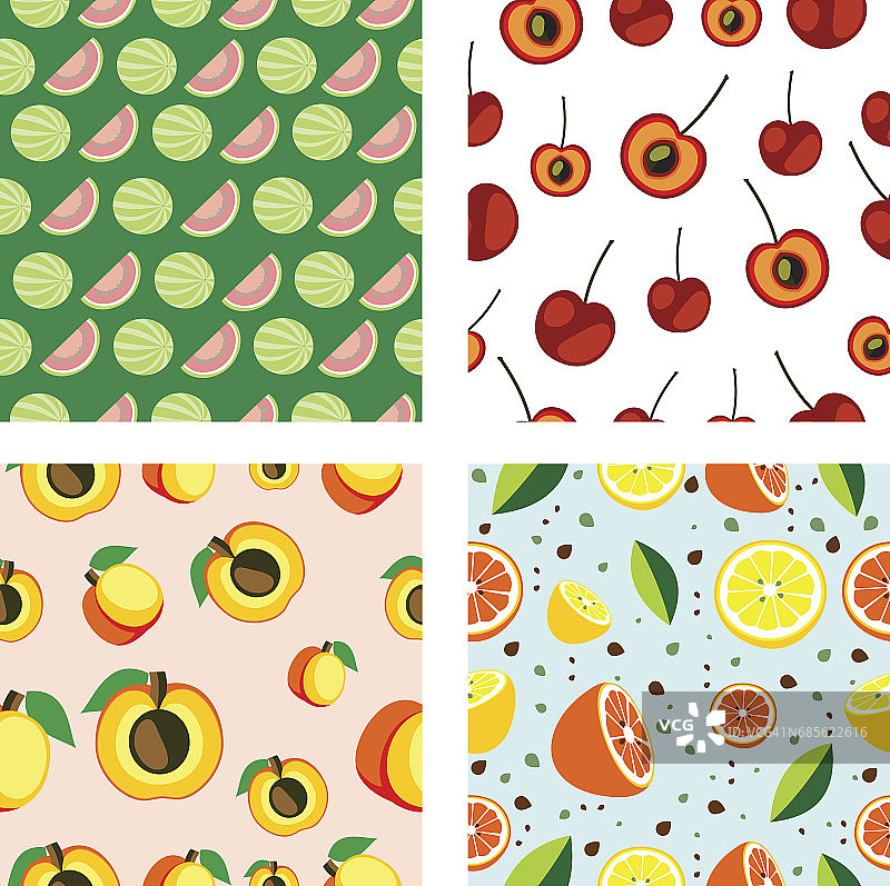 一套矢量无缝水果模式。樱桃、西瓜、杏子、柠檬和橙子搭配不同的明亮背景。系列水果和套图案。图片素材