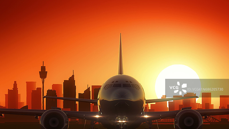 悉尼澳大利亚新南威尔斯飞机起飞天际线金色背景图片素材