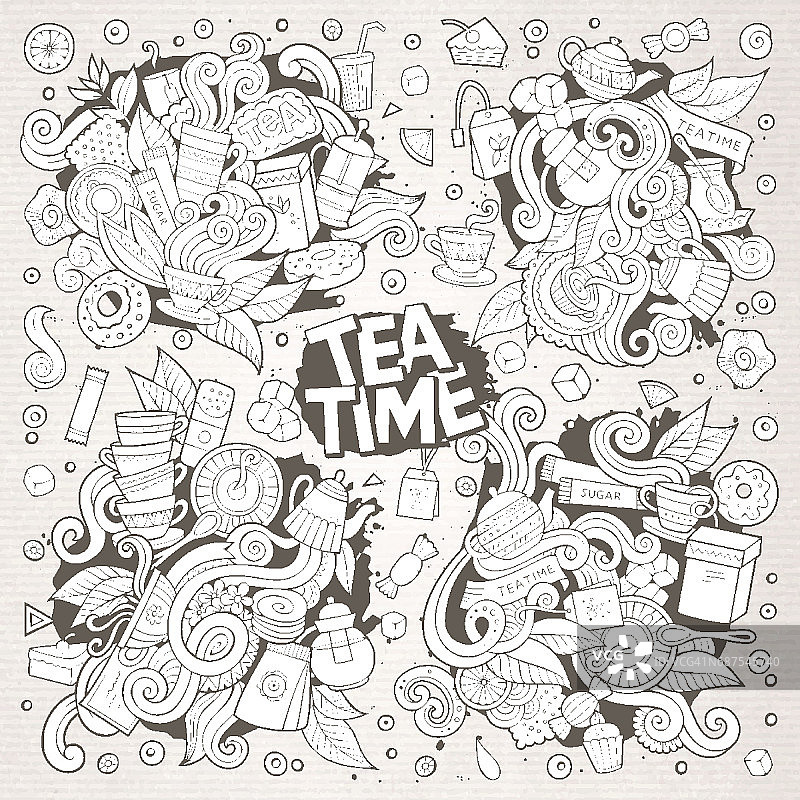 茶时间涂鸦手绘矢量涂鸦设计图片素材