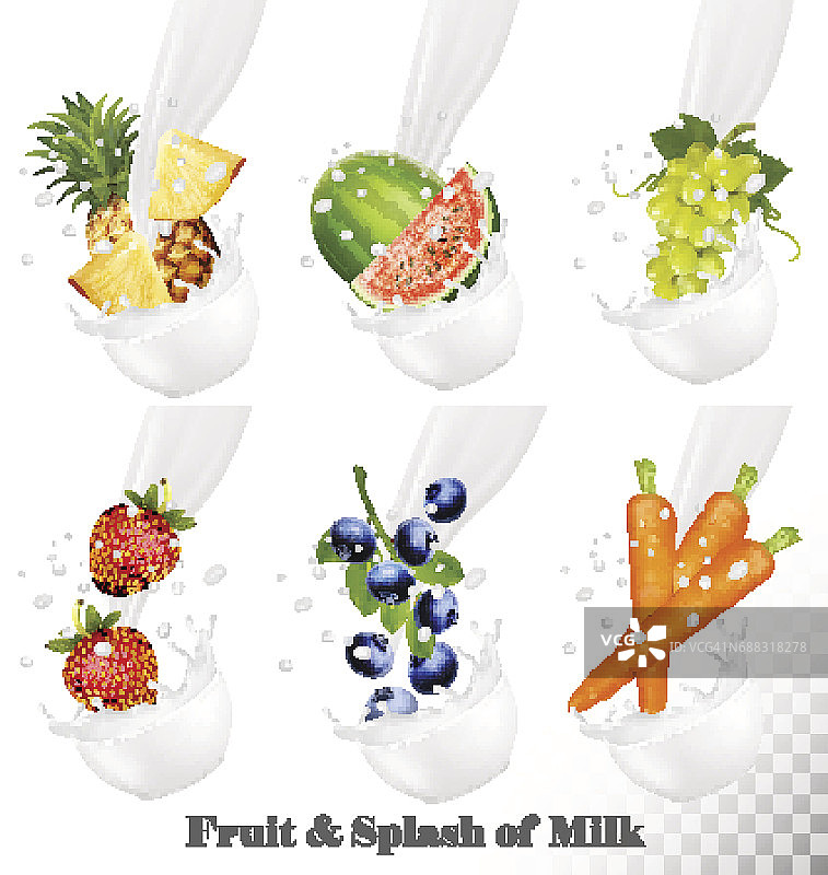一套不同的牛奶泼水果，坚果和浆果。图片素材