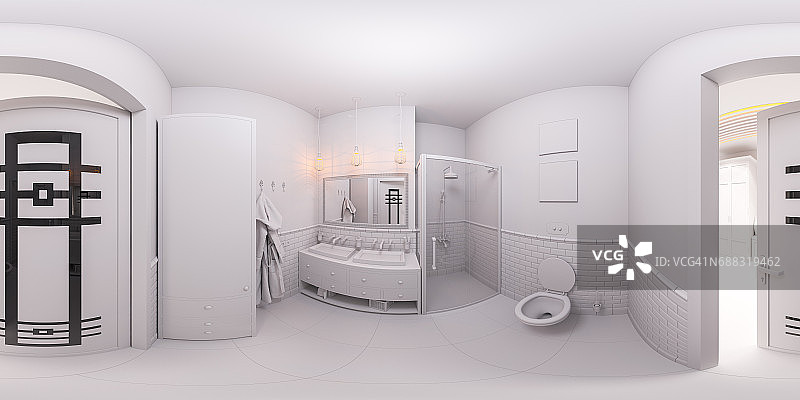 渲染360球形全景浴室。图片素材