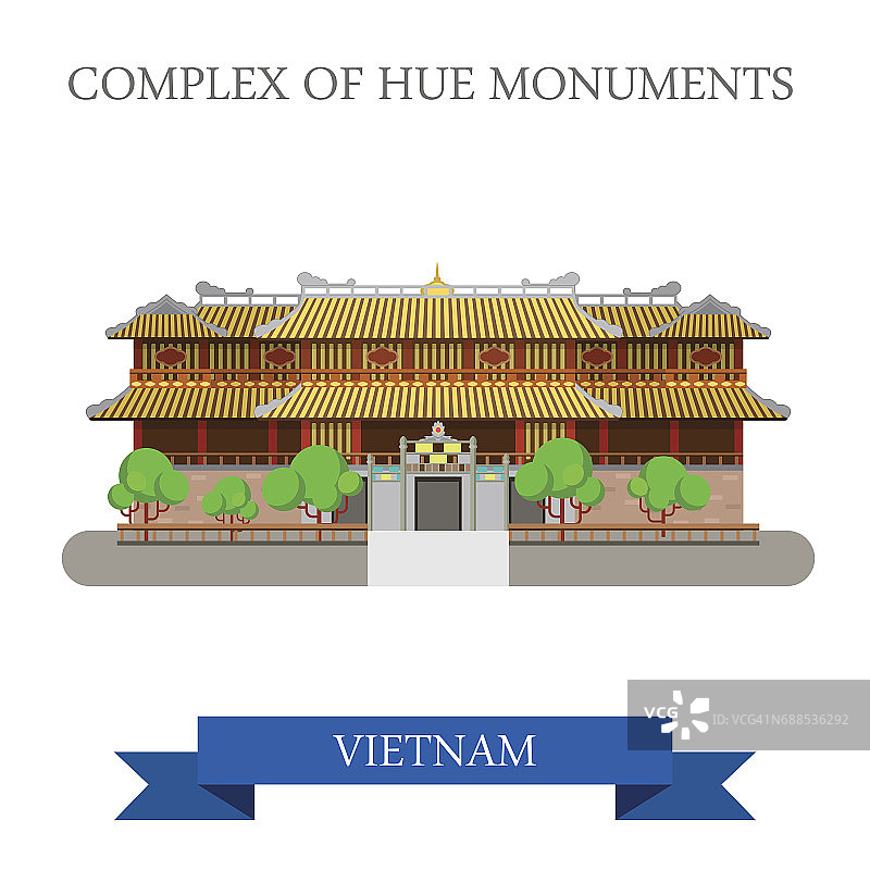 皇城又名越南顺化古迹建筑群。平面卡通风格的历史景点展示景点网站矢量插图。世界各大城市度假旅游观光亚洲收藏。图片素材