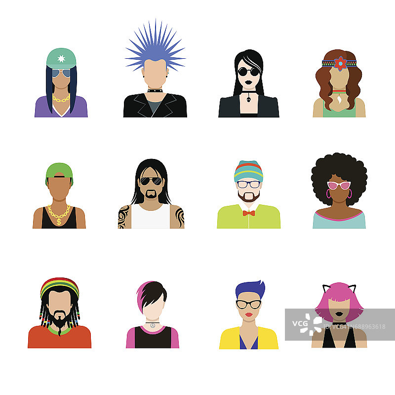 亚文化发型概念向量图标集。男人和女人生活方式的代表插图。朋克哥特摇滚，潮人说唱歌手，刺眼纹身，帽子，发辫，头巾，刺发型图片素材