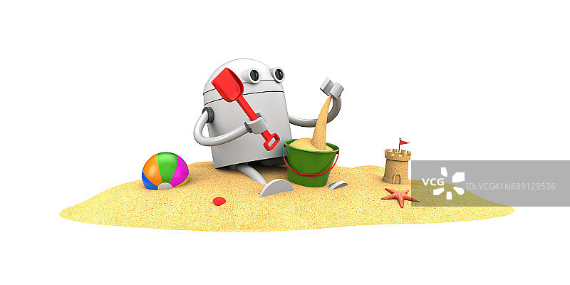 机器人在沙滩上玩玩具。三维演示图片素材