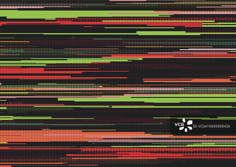 带glitched竖条纹的抽象背景，带两个二进制数字0和1的流线二进制代码背景。图片素材