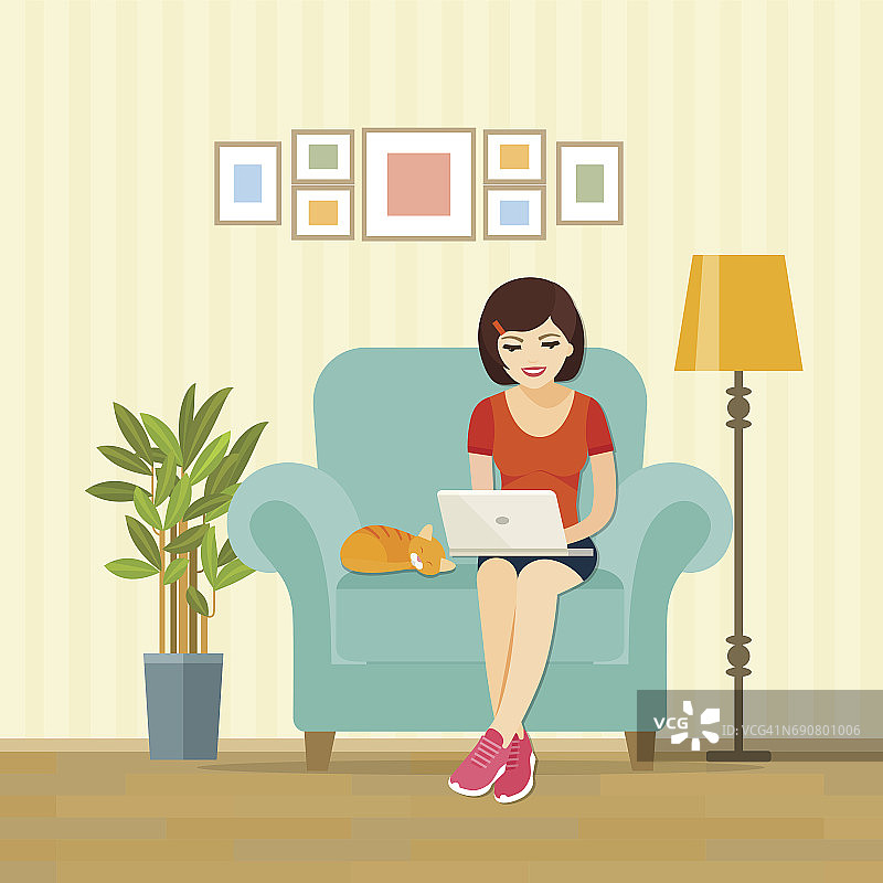 自由职业者女孩坐在家里的椅子上。矢量平面插图。图片素材