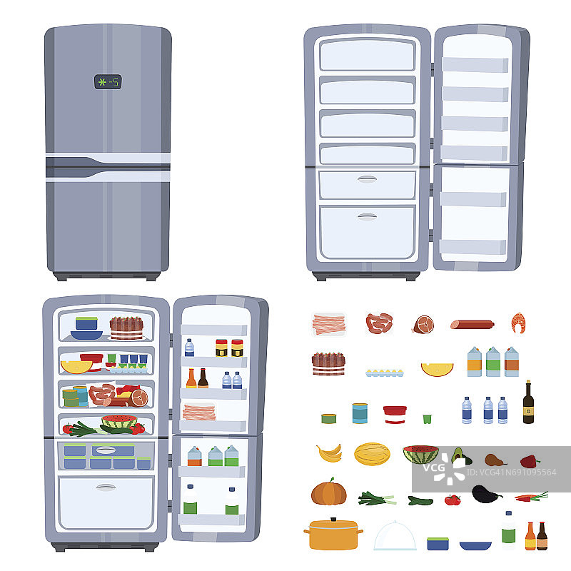 可关闭或打开的冰箱，食物被隔离在白色背景上图片素材
