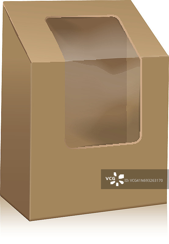 向量棕色空白纸板三角盒。采购产品为三明治，食物，礼物，带塑料窗户的其他产品带走盒子包装模型图片素材