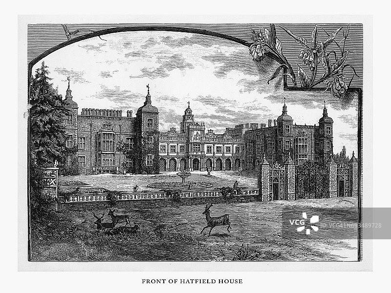 英国赫特福德郡哈特菲尔德，哈特菲尔德住宅，维多利亚版画，1840年图片素材