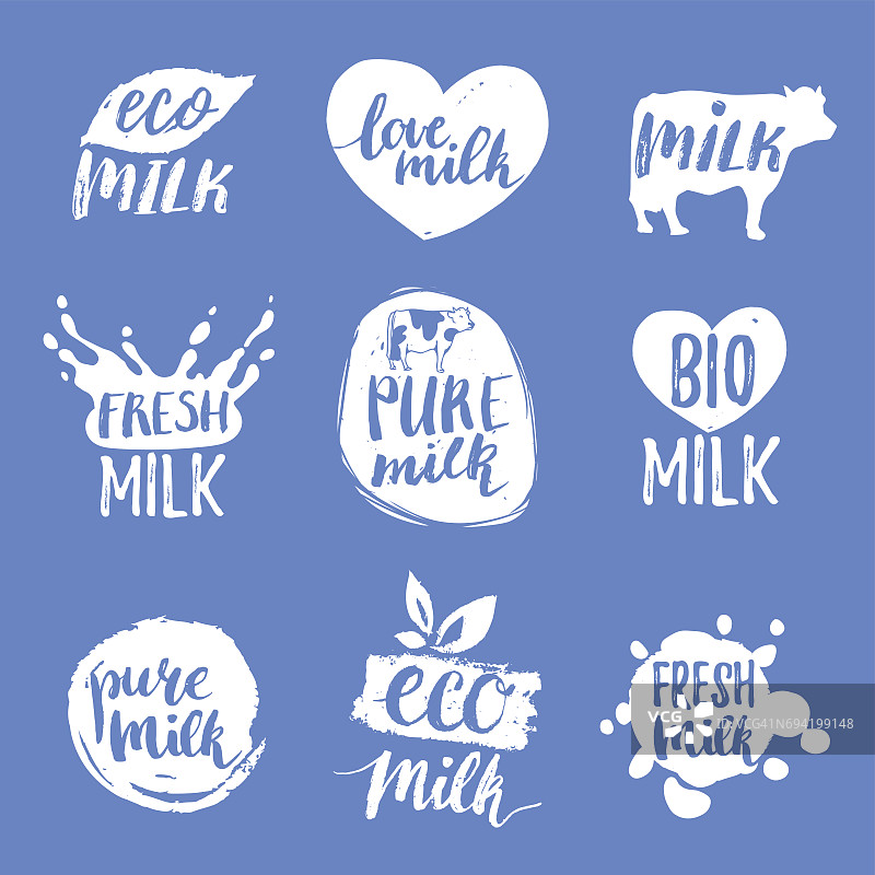 矢量手绘牛奶标签。乳制品的标志已经设立。产品包装、广告等的标签收集。图片素材