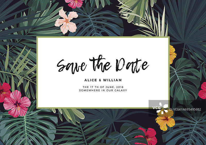 热带矢量婚礼邀请设计与木槿花和异国情调的棕榈叶在黑暗的背景图片素材
