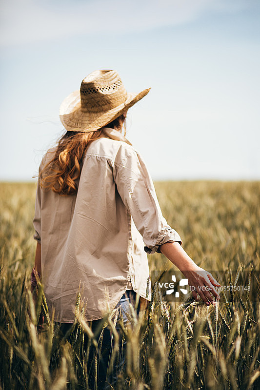 年轻的女农民站在有机小麦地里图片素材
