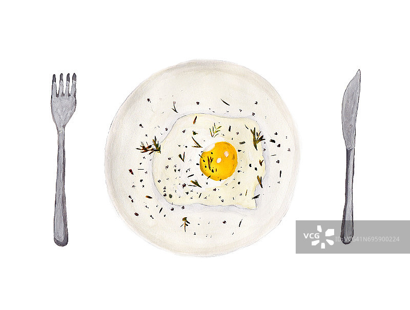 水彩手绘煎蛋在盘子上，香料，刀叉。图片素材